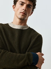 Khaki Green Colourblock Relaxed Fit Cosy Crew Neck Jumper with Wool - Image 1 of 5