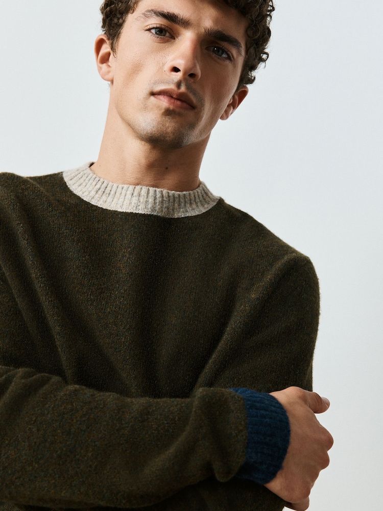 Khaki Green Colourblock Relaxed Fit Cosy Crew Neck Jumper with Wool - Image 1 of 5 Khaki Green Colourblock Relaxed Fit Cosy Crew Neck Jumper with Wool - Image 1 of 5