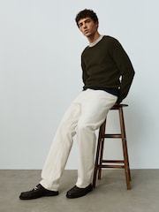 Khaki Green Colourblock Relaxed Fit Cosy Crew Neck Jumper with Wool - Image 2 of 5