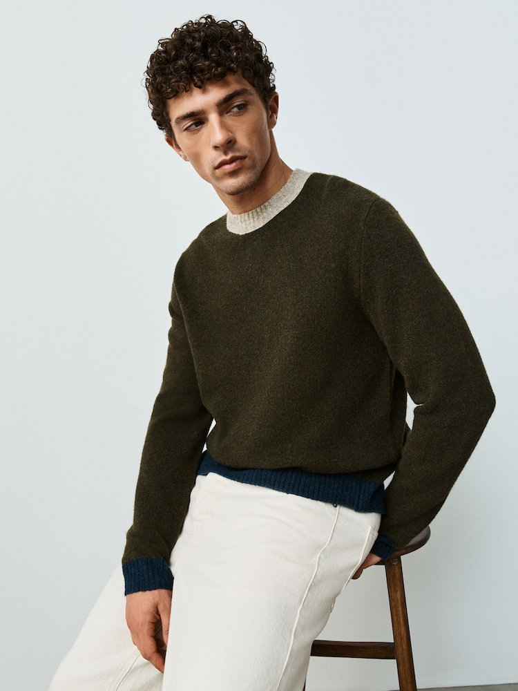 Khaki Green Colourblock Relaxed Fit Cosy Crew Neck Jumper with Wool - Image 5 of 5 Khaki Green Colourblock Relaxed Fit Cosy Crew Neck Jumper with Wool - Image 5 of 5
