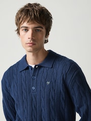 Navy Blue Cable Knitted Polo Jumper with Wool - Image 1 of 4