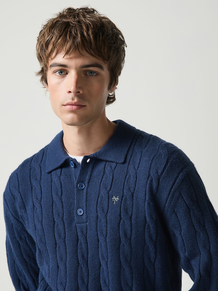 Navy Blue Cable Knitted Polo Jumper with Wool - Image 1 of 4 Navy Blue Cable Knitted Polo Jumper with Wool - Image 1 of 4