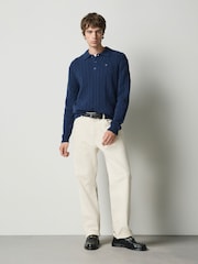 Navy Blue Cable Knitted Polo Jumper with Wool - Image 2 of 4