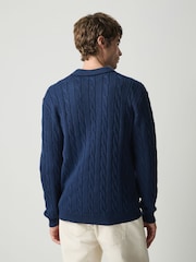 Navy Blue Cable Knitted Polo Jumper with Wool - Image 3 of 4