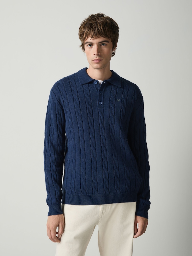 Navy Blue Cable Knitted Polo Jumper with Wool - Image 4 of 4 Navy Blue Cable Knitted Polo Jumper with Wool - Image 4 of 4