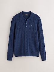 Navy Blue Cable Knitted Polo Jumper with Wool - Image 5 of 7