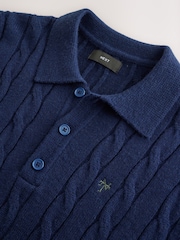 Navy Blue Cable Knitted Polo Jumper with Wool - Image 6 of 7