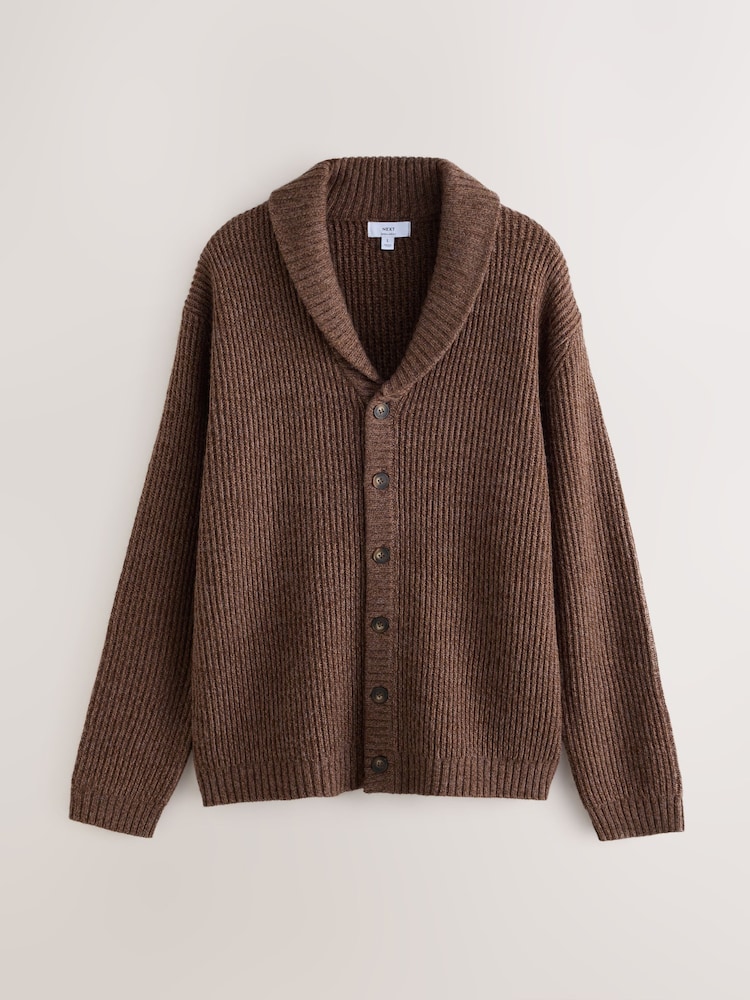 Chocolate Brown Shawl Collar Rib Cardigan - Image 1 of 3 Chocolate Brown Shawl Collar Rib Cardigan - Image 1 of 3