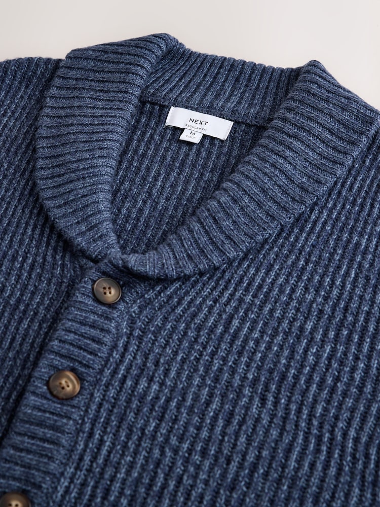 Denim Blue Shawl Collar Rib Cardigan - Image 2 of 3 Denim Blue Shawl Collar Rib Cardigan - Image 2 of 3