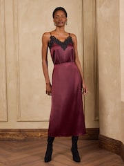 Love & Roses Burgundy Red Lace Trim Satin Midi Slip Dress - Image 1 of 5