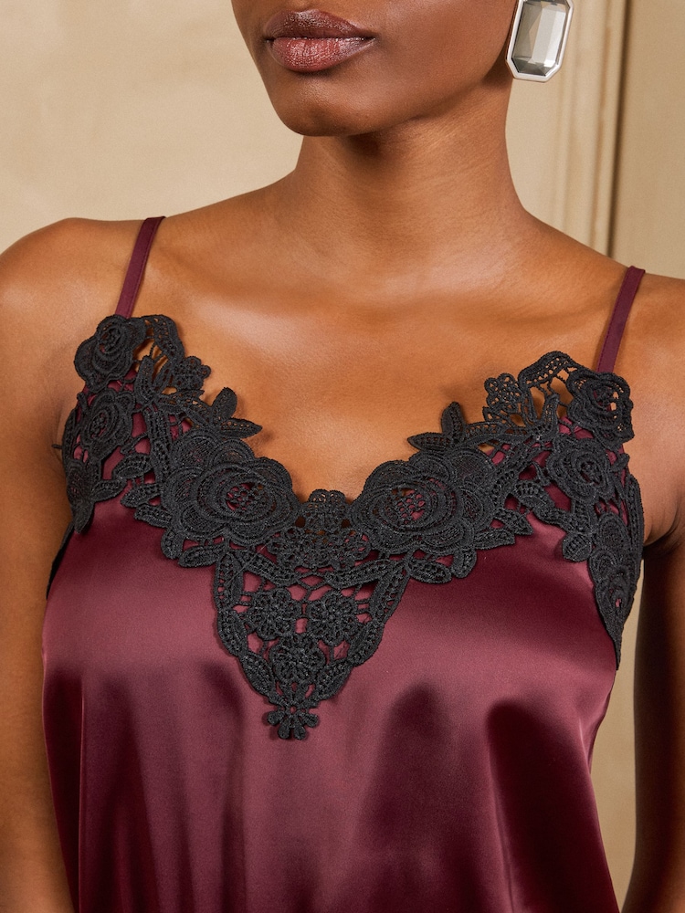 Love & Roses Burgundy Red Lace Trim Satin Midi Slip Dress - Image 2 of 5 Love & Roses Burgundy Red Lace Trim Satin Midi Slip Dress - Image 2 of 5