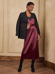 Love & Roses Burgundy Red Lace Trim Satin Midi Slip Dress - Image 3 of 5