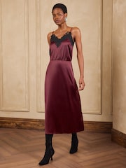 Love & Roses Burgundy Red Lace Trim Satin Midi Slip Dress - Image 4 of 5