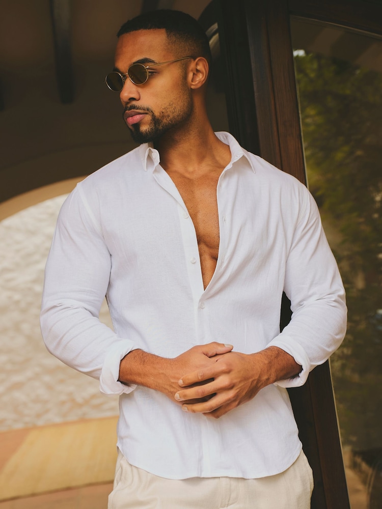 Tailored Athlete Muscle Fit Stretch Linen Blend Button Through Shirt - Imagen 1 de 7