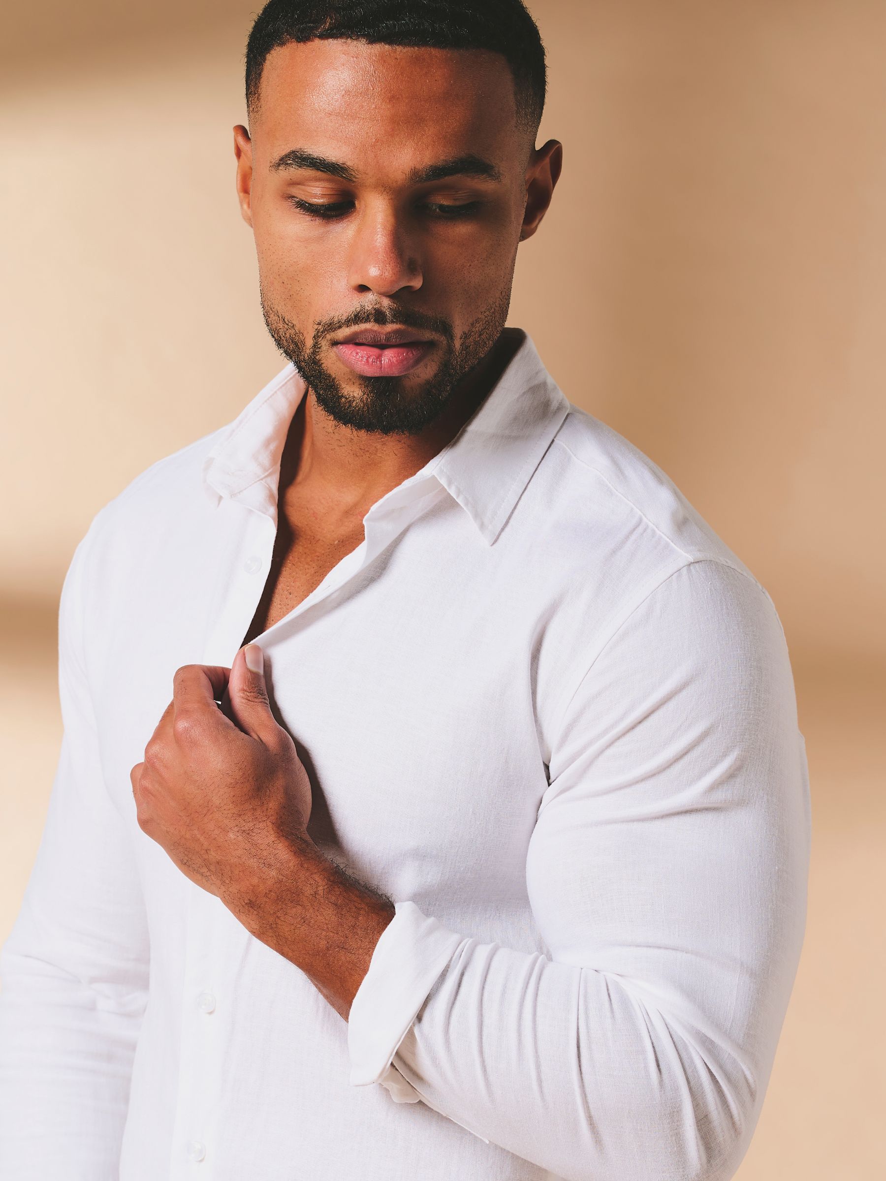 Buy Tailored Athlete White Muscle Fit Stretch Linen Blend Button