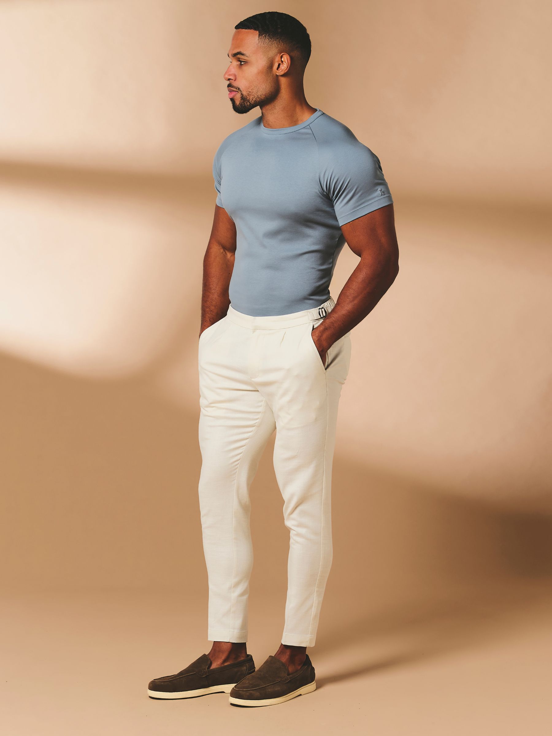 Buy Tailored Athlete White Stretch Pleat Linen Blend Pleat Side