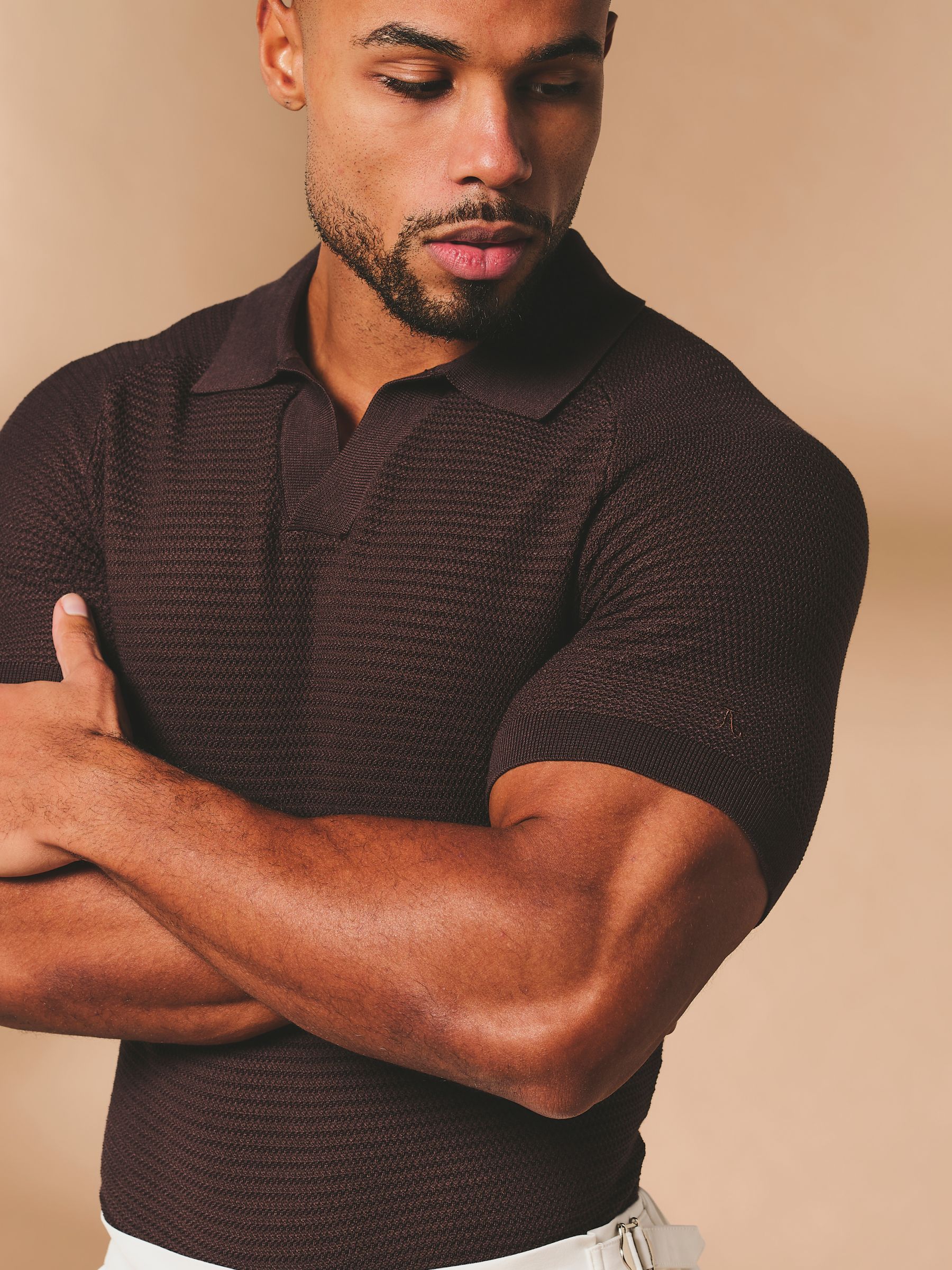 Buy Tailored Athlete Brown Muscle Fit Textured Knitted Open Collar