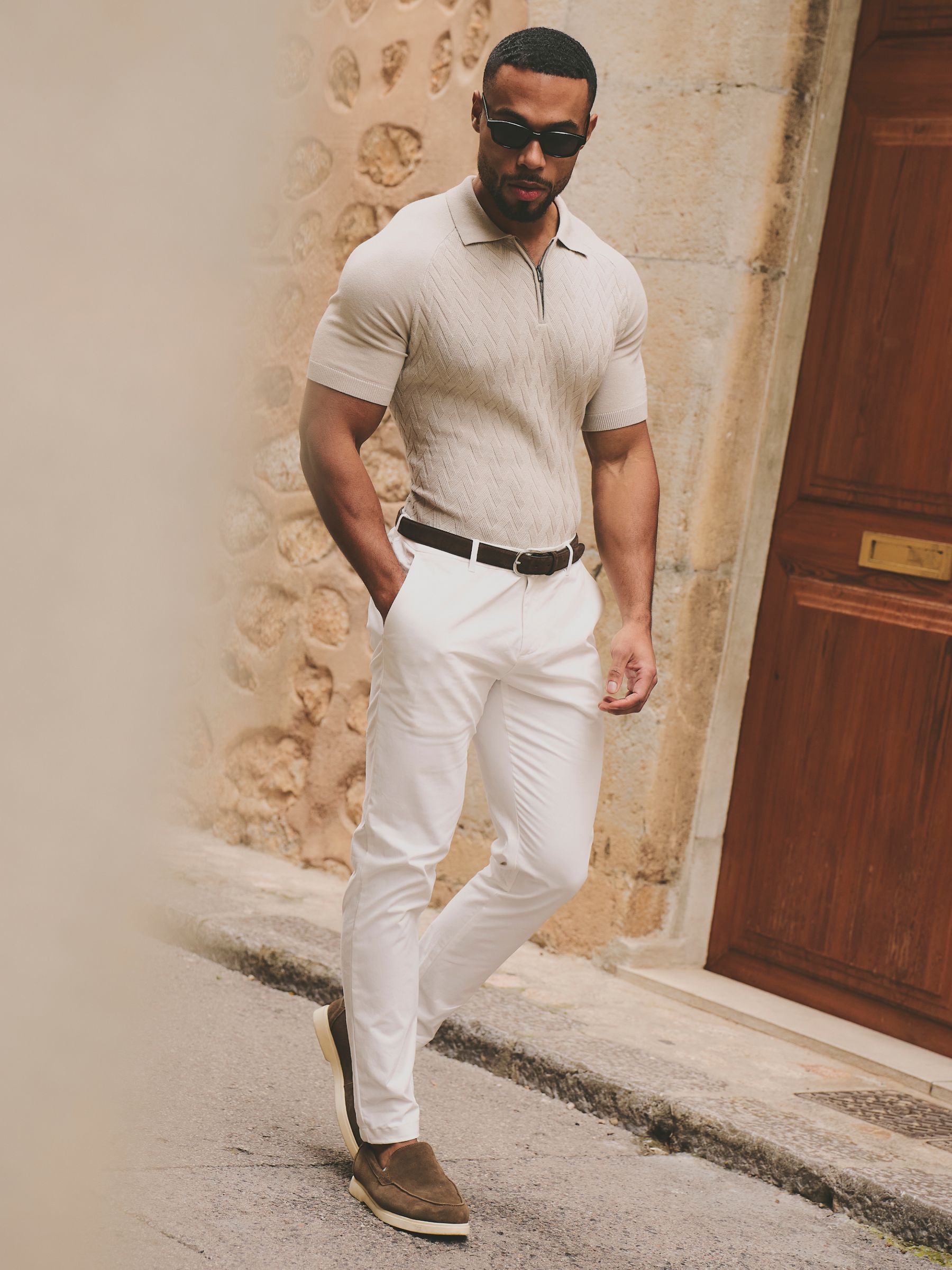 Buy Tailored Athlete Natural Muscle Fit Cable Knitted Zip Polo
