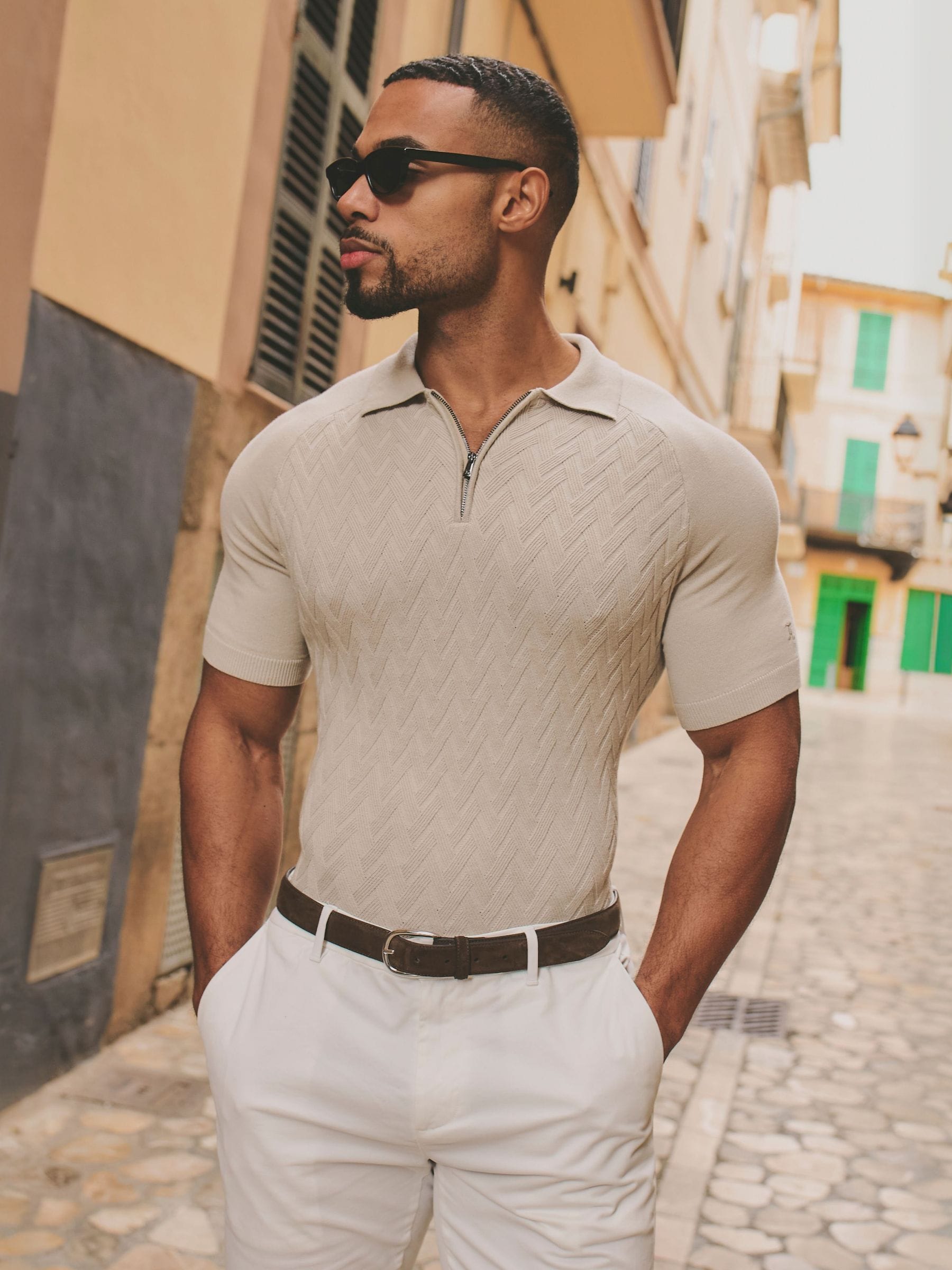 Buy Tailored Athlete Natural Muscle Fit Cable Knitted Zip Polo