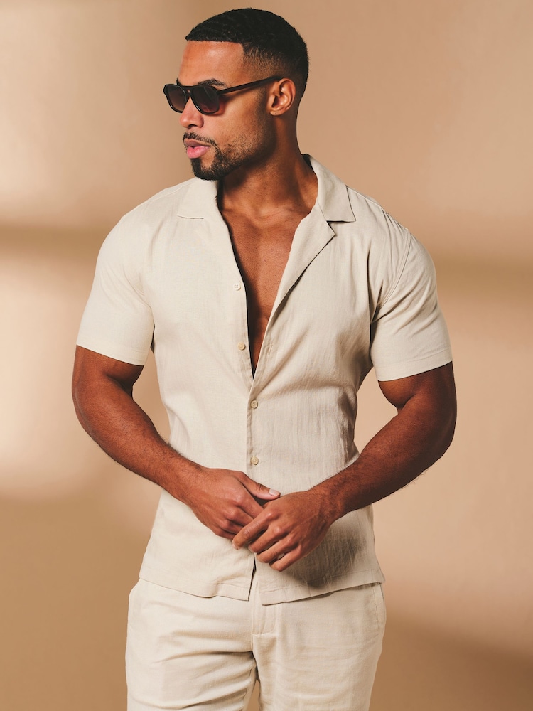 Tailored Athlete Muscle Fit Stretch Linen Blend Short Sleeve Cuban Collar Shirt - Imagen 2 de 7