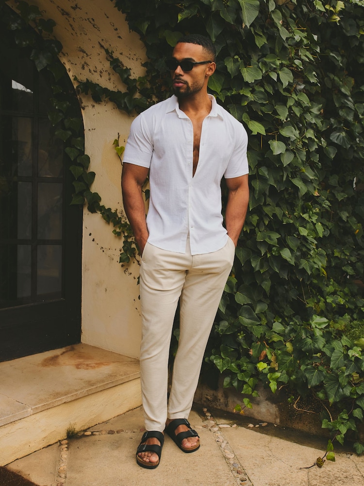 Tailored Athlete White Muscle Fit Stretch Linen Blend Short Sleeve Button Through Shirt - Image 1 of 6