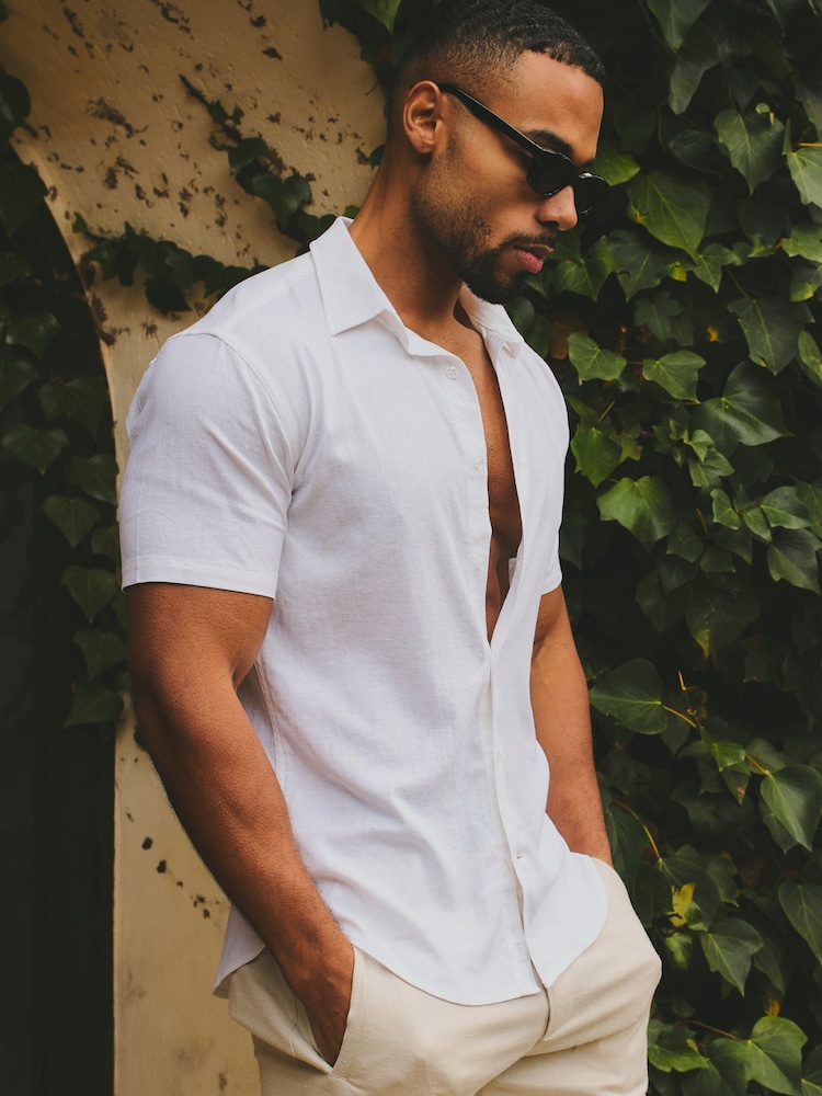 Tailored Athlete White Muscle Fit Stretch Linen Blend Short Sleeve Button Through Shirt - Image 2 of 6