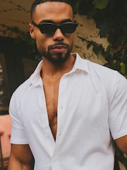 Tailored Athlete White Muscle Fit Stretch Linen Blend Short Sleeve Button Through Shirt - Image 4 of 6