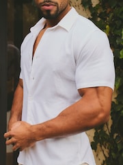 Tailored Athlete White Muscle Fit Stretch Linen Blend Short Sleeve Button Through Shirt - Image 5 of 6