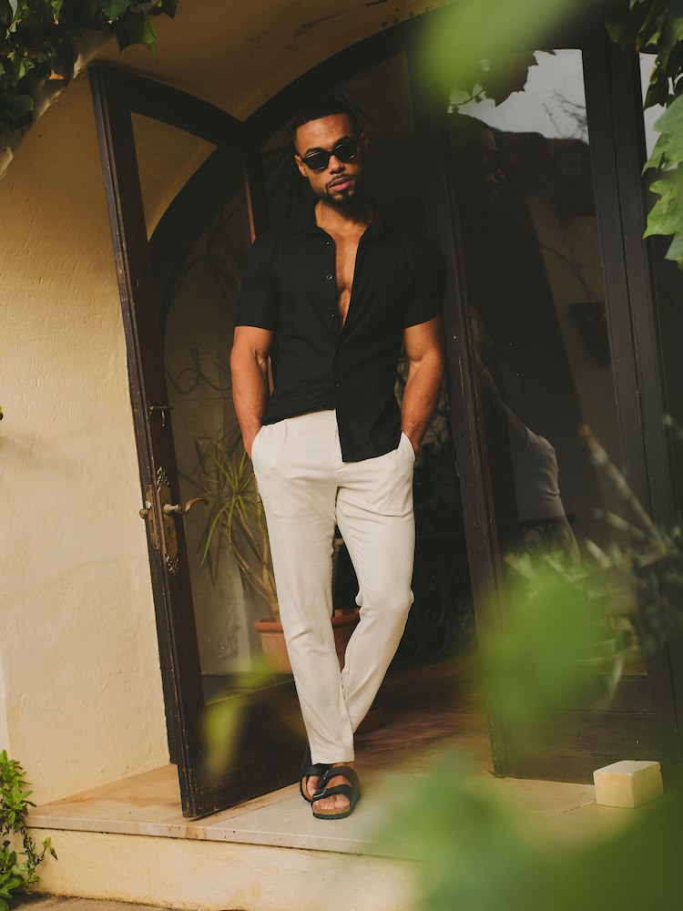 Tailored Athlete Natural Muscle Fit Stretch Linen Blend Single Pleated Trousers - Image 1 of 7