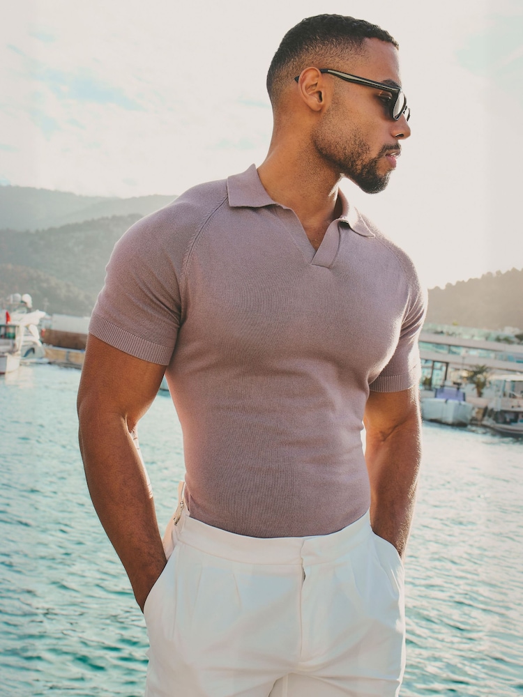 Tailored Athlete Muscle Fit Open Collar Knitted Polo Shirt - Image 1 of 7