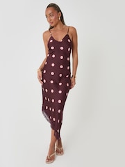 Threadbare Red Polka Dot Satin Lace Trim Maxi Dress - Image 1 of 4