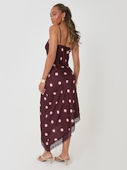 Threadbare Red Polka Dot Satin Lace Trim Maxi Dress - Image 2 of 4