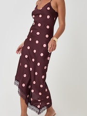 Threadbare Red Polka Dot Satin Lace Trim Maxi Dress - Image 4 of 4