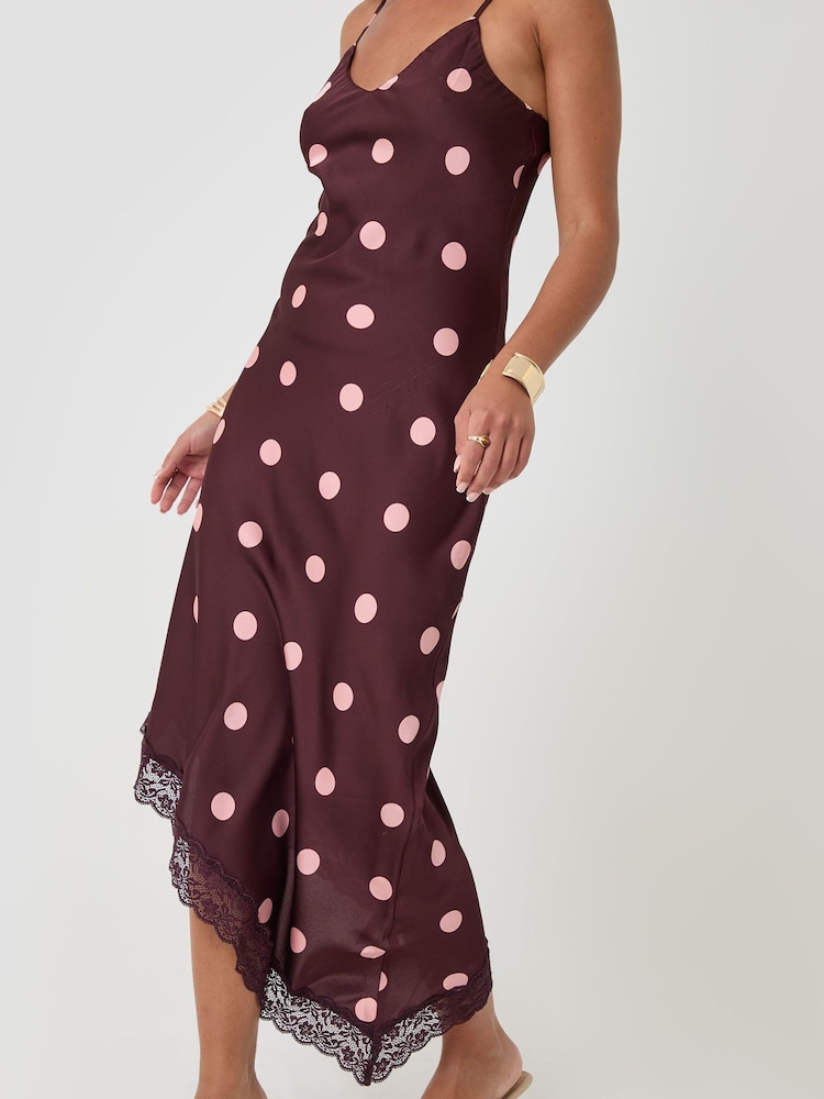 Threadbare Red Polka Dot Satin Lace Trim Maxi Dress - Image 4 of 4 Threadbare Red Polka Dot Satin Lace Trim Maxi Dress - Image 4 of 4