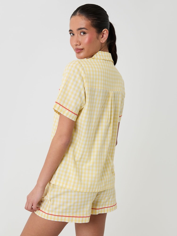 Threadbare Yellow Check Cotton Poplin Button Up Short Pyjama Set - Image 2 of 4 Threadbare Yellow Check Cotton Poplin Button Up Short Pyjama Set - Image 2 of 4