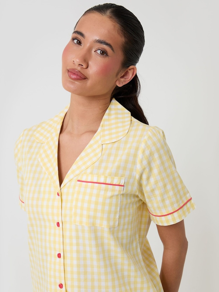 Threadbare Yellow Check Cotton Poplin Button Up Short Pyjama Set - Image 4 of 4 Threadbare Yellow Check Cotton Poplin Button Up Short Pyjama Set - Image 4 of 4