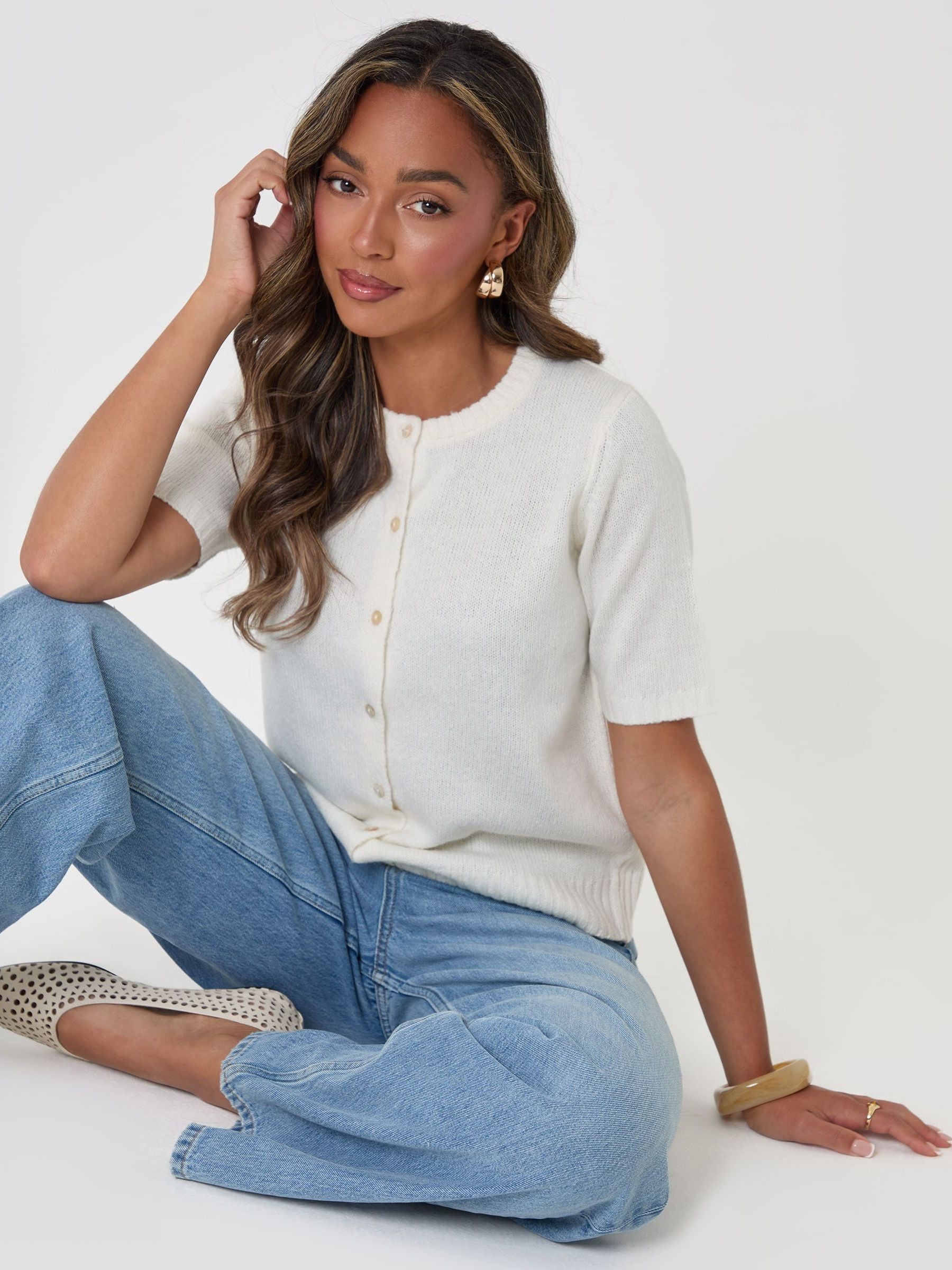Buy Threadbare Cream Crew Neck Short Sleeve Knitted Cardigan from