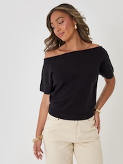 Threadbare Black Short Sleeve Slash Neck Jumper - Image 1 of 4
