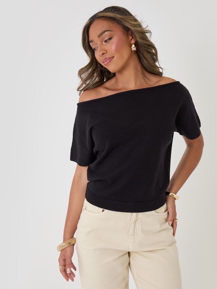 Threadbare Black Short Sleeve Slash Neck Jumper - Image 1 of 4 Threadbare Black Short Sleeve Slash Neck Jumper - Image 1 of 4