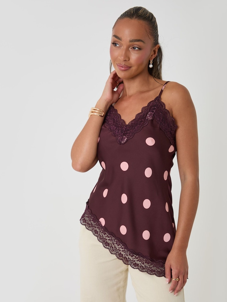 Threadbare Red Polka Dot Satin Lace Trim Cami - Image 1 of 4 Threadbare Red Polka Dot Satin Lace Trim Cami - Image 1 of 4