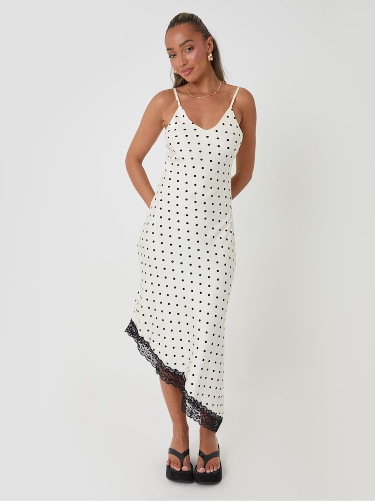 Threadbare White Polka Dot Satin Lace Trim Maxi Dress - Image 1 of 4 Threadbare White Polka Dot Satin Lace Trim Maxi Dress - Image 1 of 4