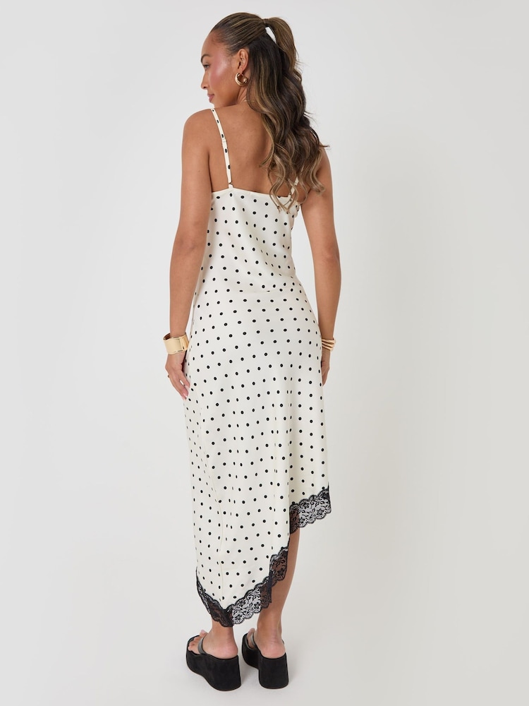 Threadbare White Polka Dot Satin Lace Trim Maxi Dress - Image 2 of 4 Threadbare White Polka Dot Satin Lace Trim Maxi Dress - Image 2 of 4