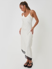 Threadbare White Polka Dot Satin Lace Trim Maxi Dress - Image 3 of 4
