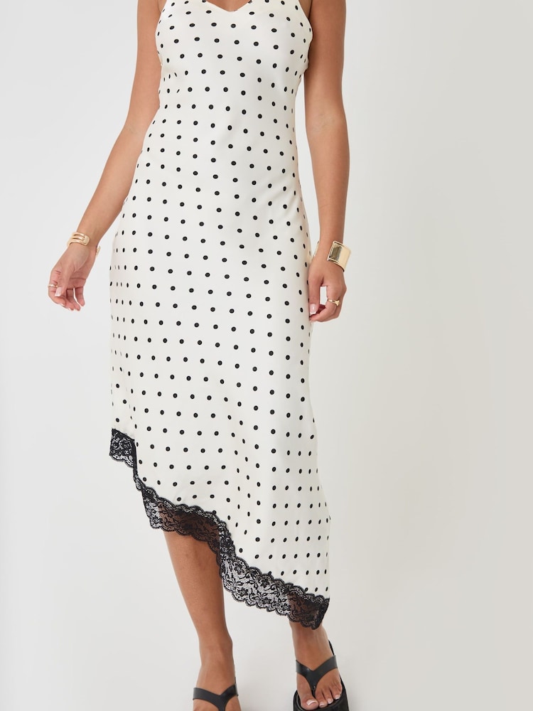 Threadbare White Polka Dot Satin Lace Trim Maxi Dress - Image 4 of 4 Threadbare White Polka Dot Satin Lace Trim Maxi Dress - Image 4 of 4