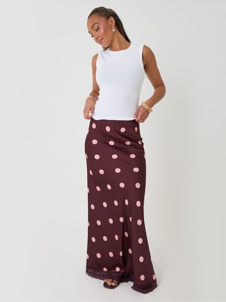 Rot - Threadbare Polka Dot Satin Lace Trim Maxi Skirt - Bild 1 von 4
