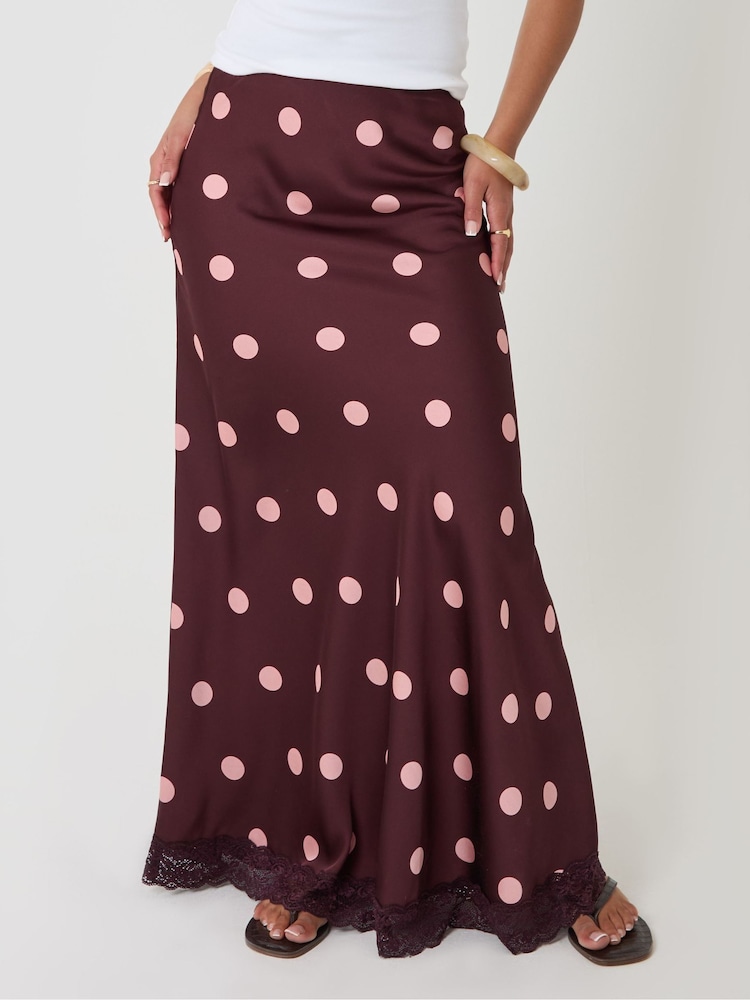 Rot - Threadbare Polka Dot Satin Lace Trim Maxi Skirt - Bild 2 von 4