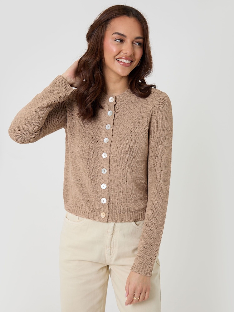 Threadbare Brown Knitted Yarn Crew Neck Cardigan - Image 1 of 3