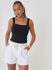 Threadbare White Petite Tailored Shorts with Polka Dot Satin Scarf Belt - Image 3 of 5
