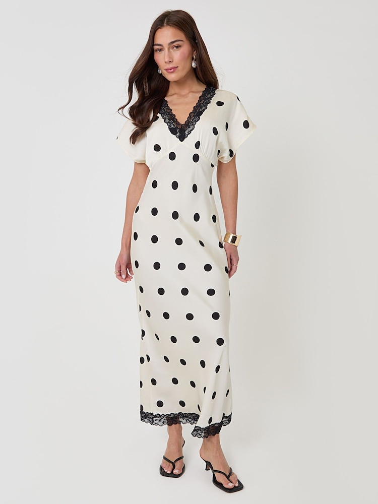 Threadbare Black Polka Dot Satin Lace Trim Tea Dress - Image 1 of 4 Threadbare Black Polka Dot Satin Lace Trim Tea Dress - Image 1 of 4