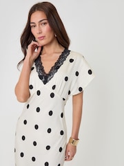 Threadbare Black Polka Dot Satin Lace Trim Tea Dress - Image 4 of 4